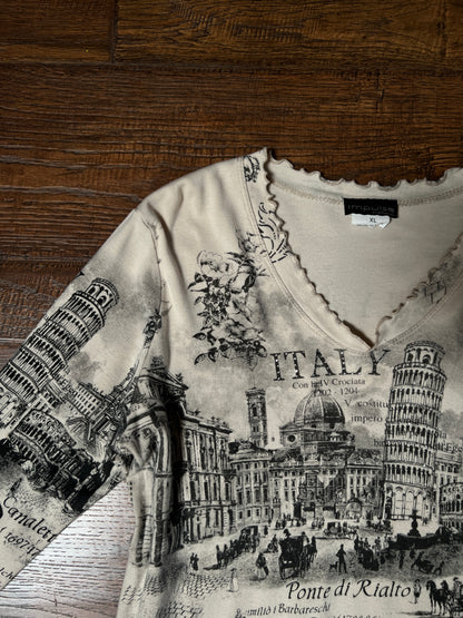Vintage Impulse California Cotton Graphic Top — Scenic Italy Print Lettuce Hem - X-Large