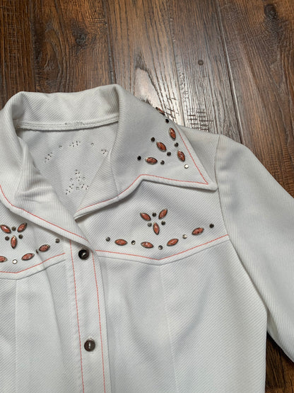 Vintage Clothing - Western Style Button Up Blouse - White with Stone Embellishments - Small