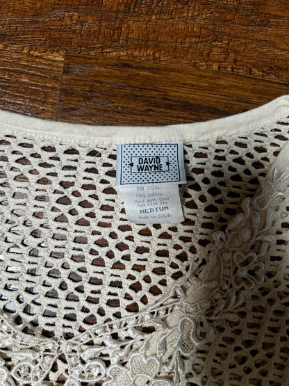 Vintage David Wayne Cotton Crochet Sweater – Ivory Open Knit Floral V-Neck – Medium