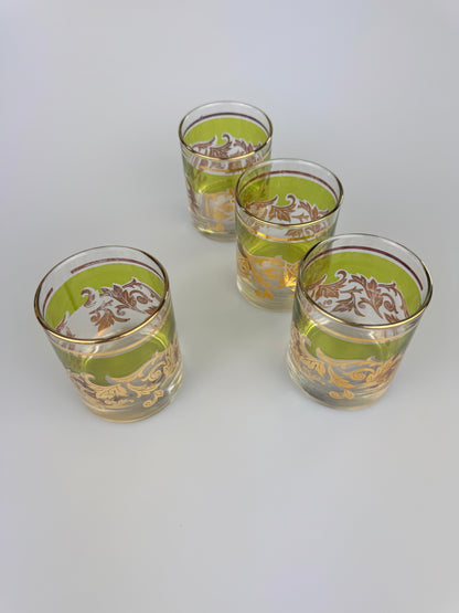 Vintage Libbey Glass Company Lowball Glasses - Green & Gold Filigree - Set of 4