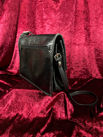 Vintage Y2K Black Leather Shoulder Bag - Reptile Embossed Patchwork Purse