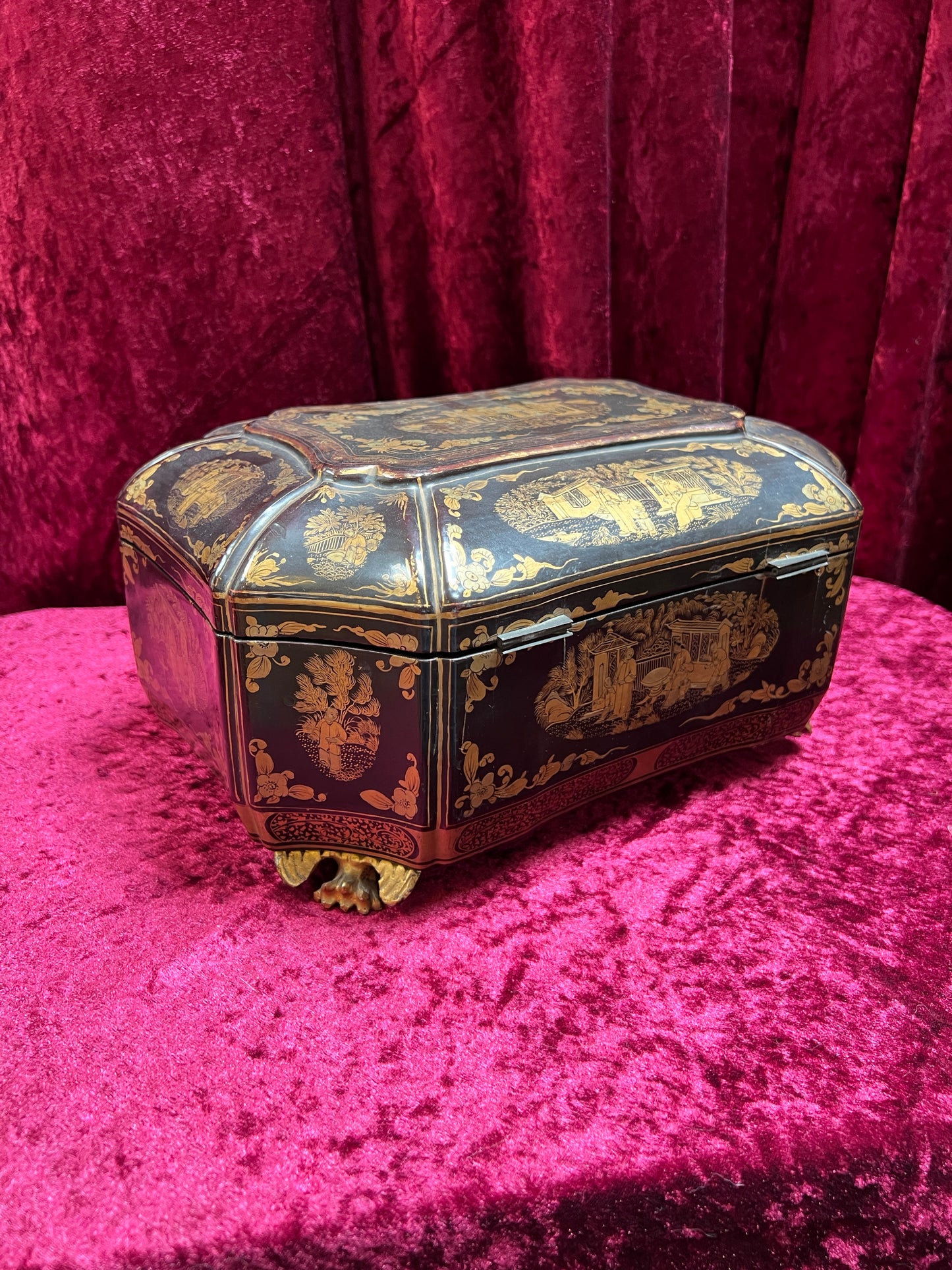 Antique Sewing Kit - Black Lacquer Ladies Work Box - Octagonal 19th Century Asian Chinoiserie