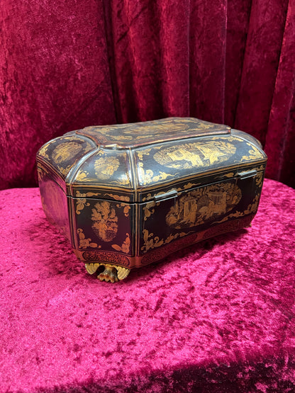 Antique Sewing Kit - Black Lacquer Ladies Work Box - Octagonal 19th Century Asian Chinoiserie