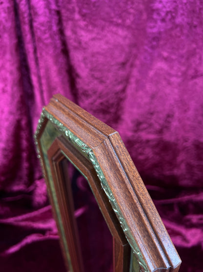 Vintage Wood Wall Mirror - Octagonal Faux Burlwood Accent Frame