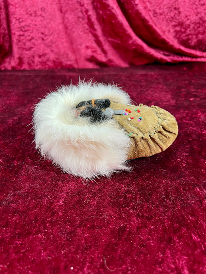 Vintage Souvenir Doll – Baby In Leather Moccasin with Rabbit Fur Trim