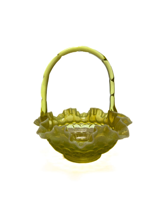 Vintage Art Glass - Thumbprint Basket - Opalescent Topaz Uranium - Fenton