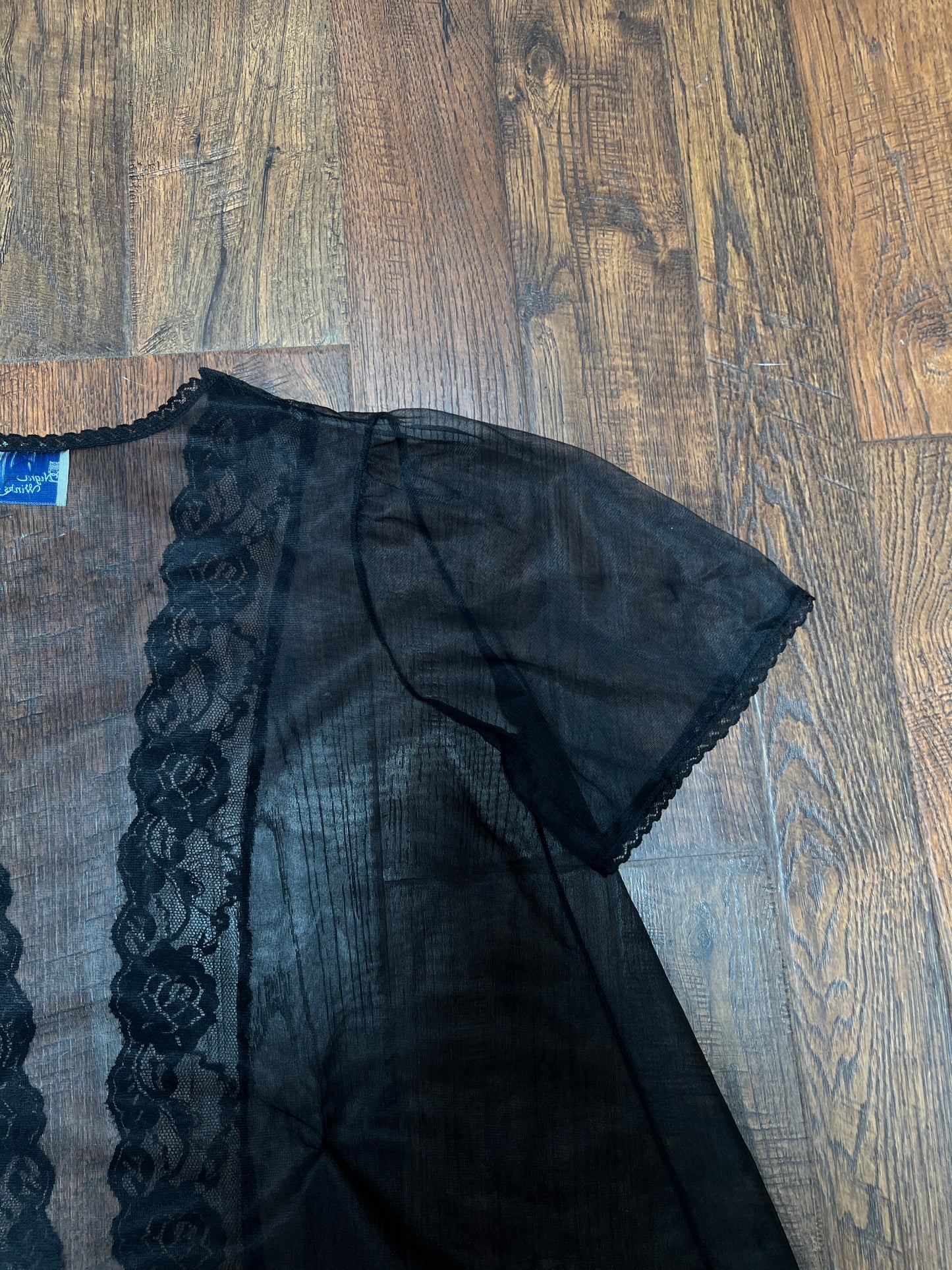 Vintage Night Winks Bed Jacket -  Sheer Black with Floral Lace Open Front - Medium