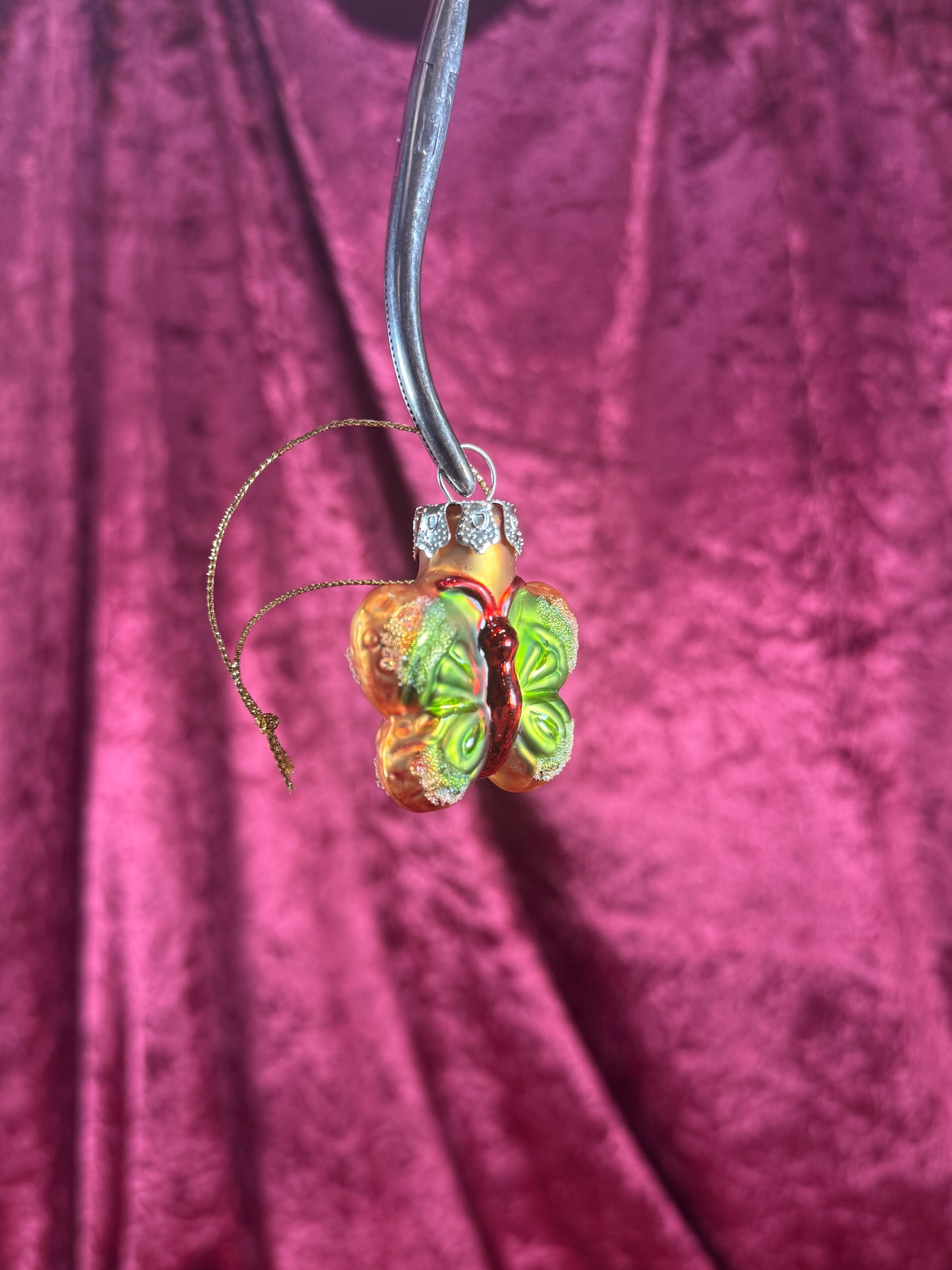 Vintage Christmas - Handblown Glass Ornament - Green and Red Butterfly - 1.75"