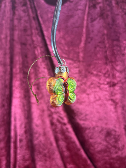 Vintage Christmas - Handblown Glass Ornament - Green and Red Butterfly - 1.75"