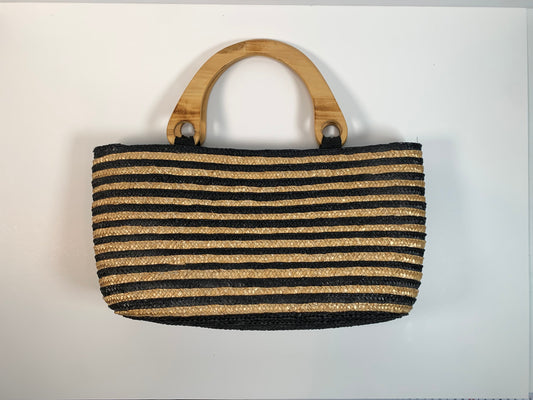 Vintage Purse - Woven Straw Top Handle Basket Bag - Black Stripes