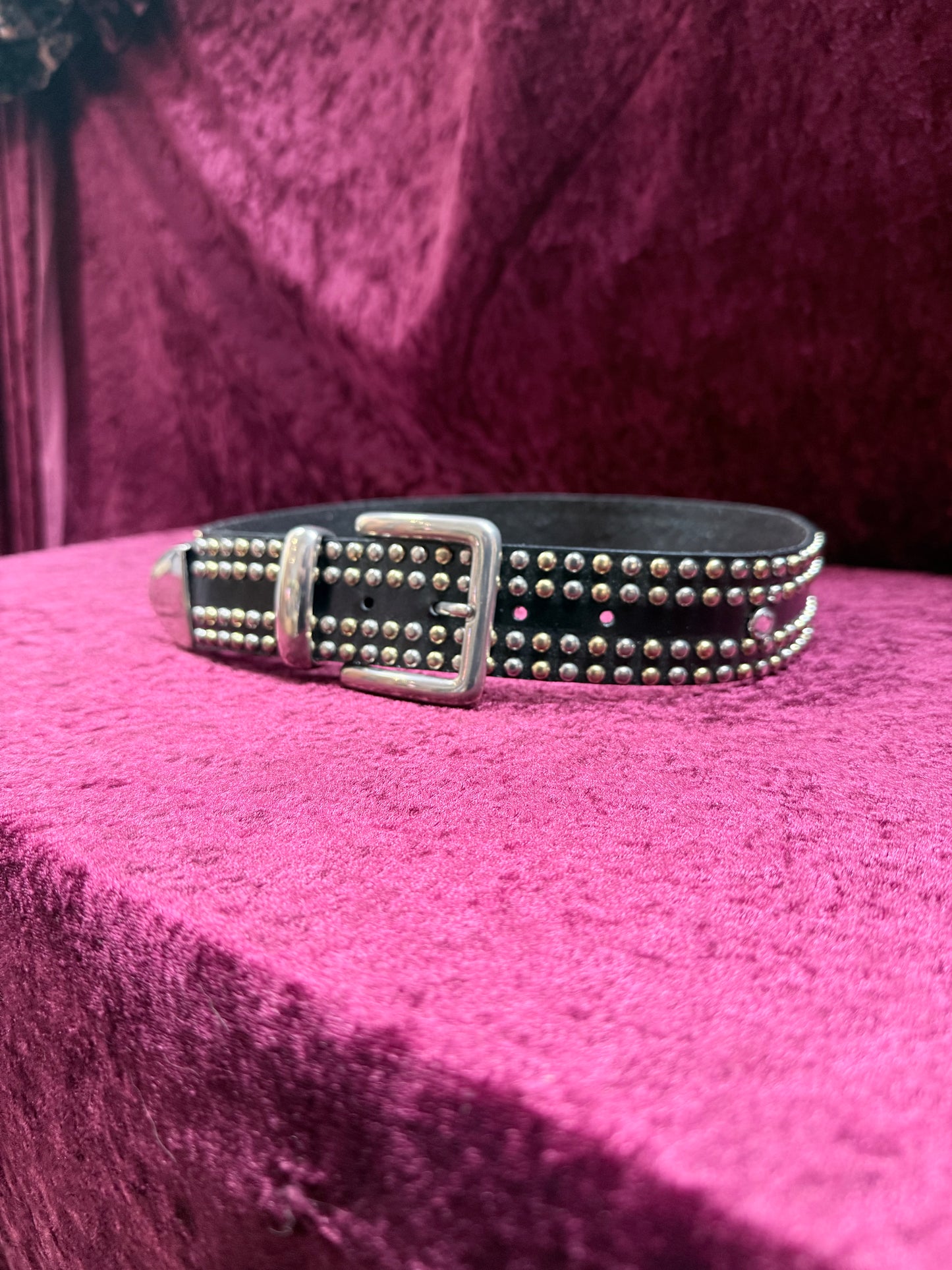 Vintage 1990s Donna Katz Bonded Leather Belt - Black with Silver & Gold Studs