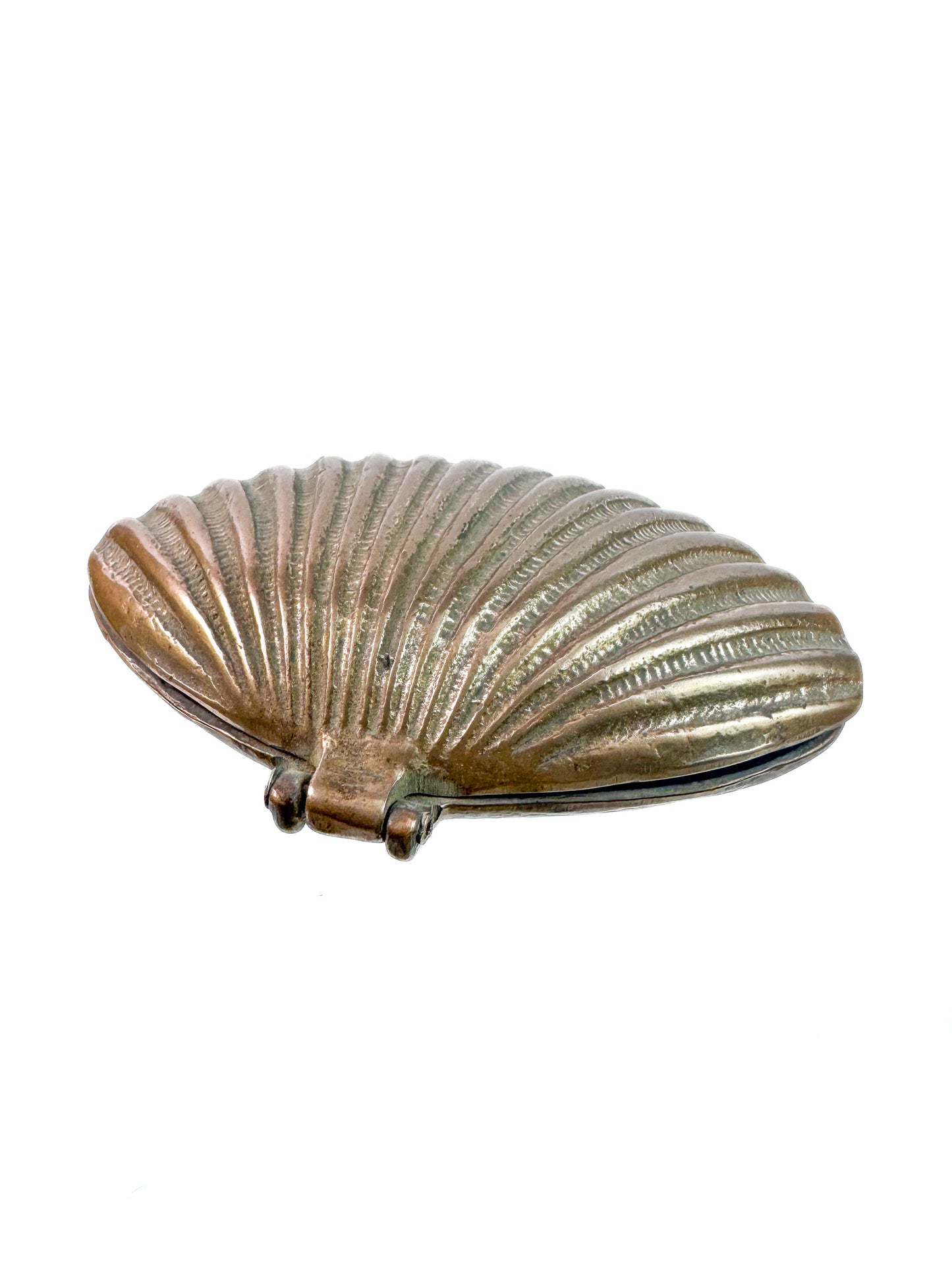 Vintage Solid Brass Trinket Dish - Clam Shell Shaped Hinged Box