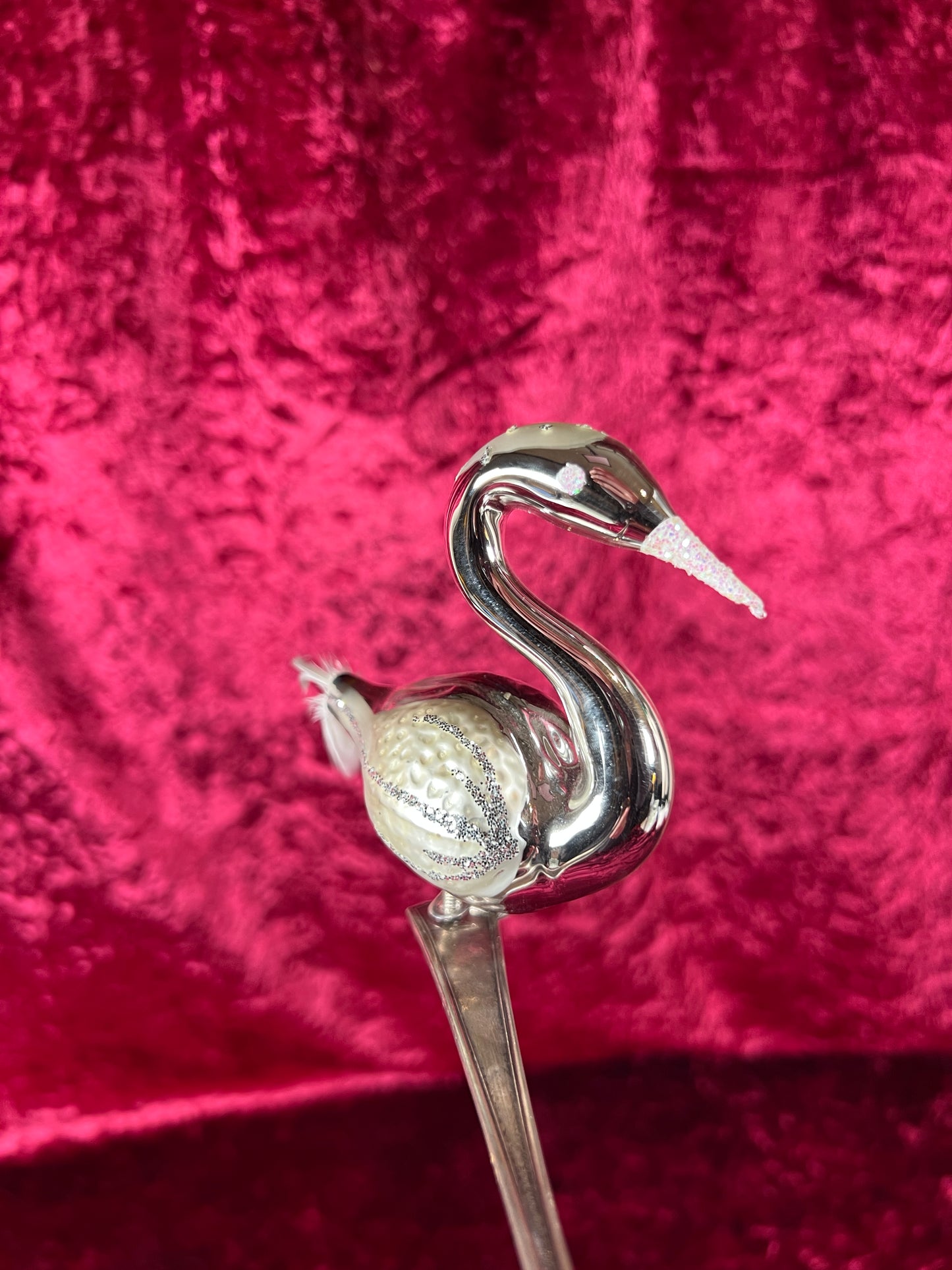 Vintage Christmas - Glass Clip-On Ornament - Silver Swan with Feather Tail