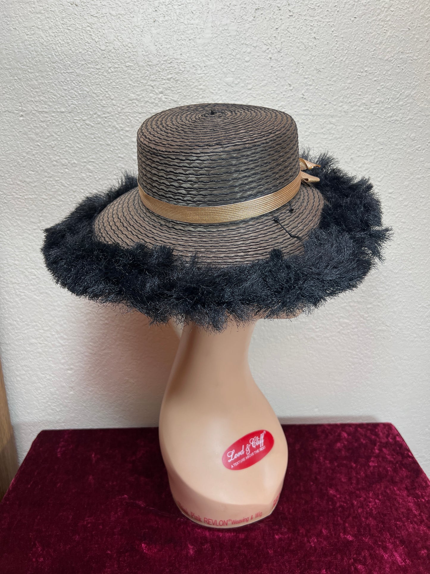 Vintage Accessories - Straw Sun Hat - Black with Faux Ostrich Feather Brim - Medium