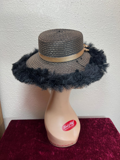Vintage Accessories - Straw Sun Hat - Black with Faux Ostrich Feather Brim - Medium