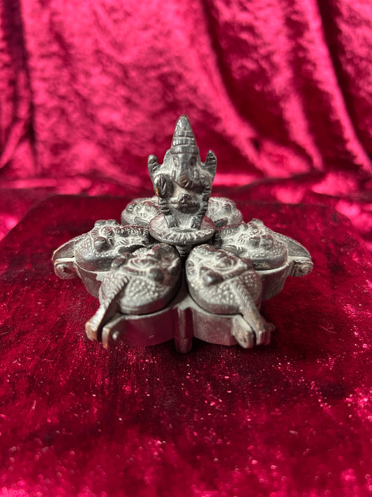 Vintage Oddities - Locking Brass Sindoor Box - Six Compartments - Ganesha