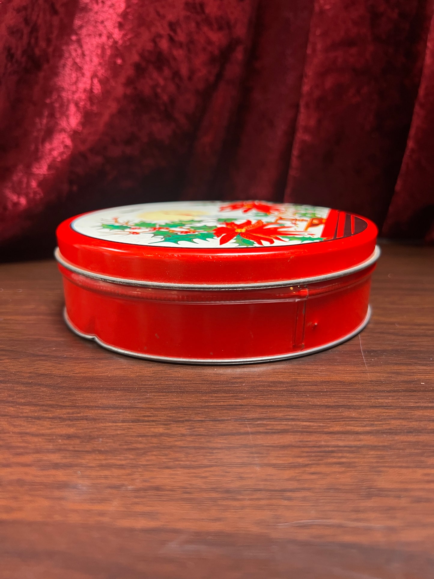 Vintage Christmas - Metal Storage Tin - Mantle Candlestick and Poinsettias