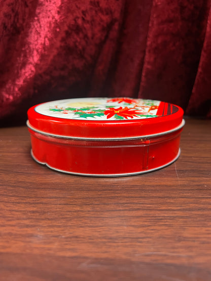 Vintage Christmas - Metal Storage Tin - Mantle Candlestick and Poinsettias