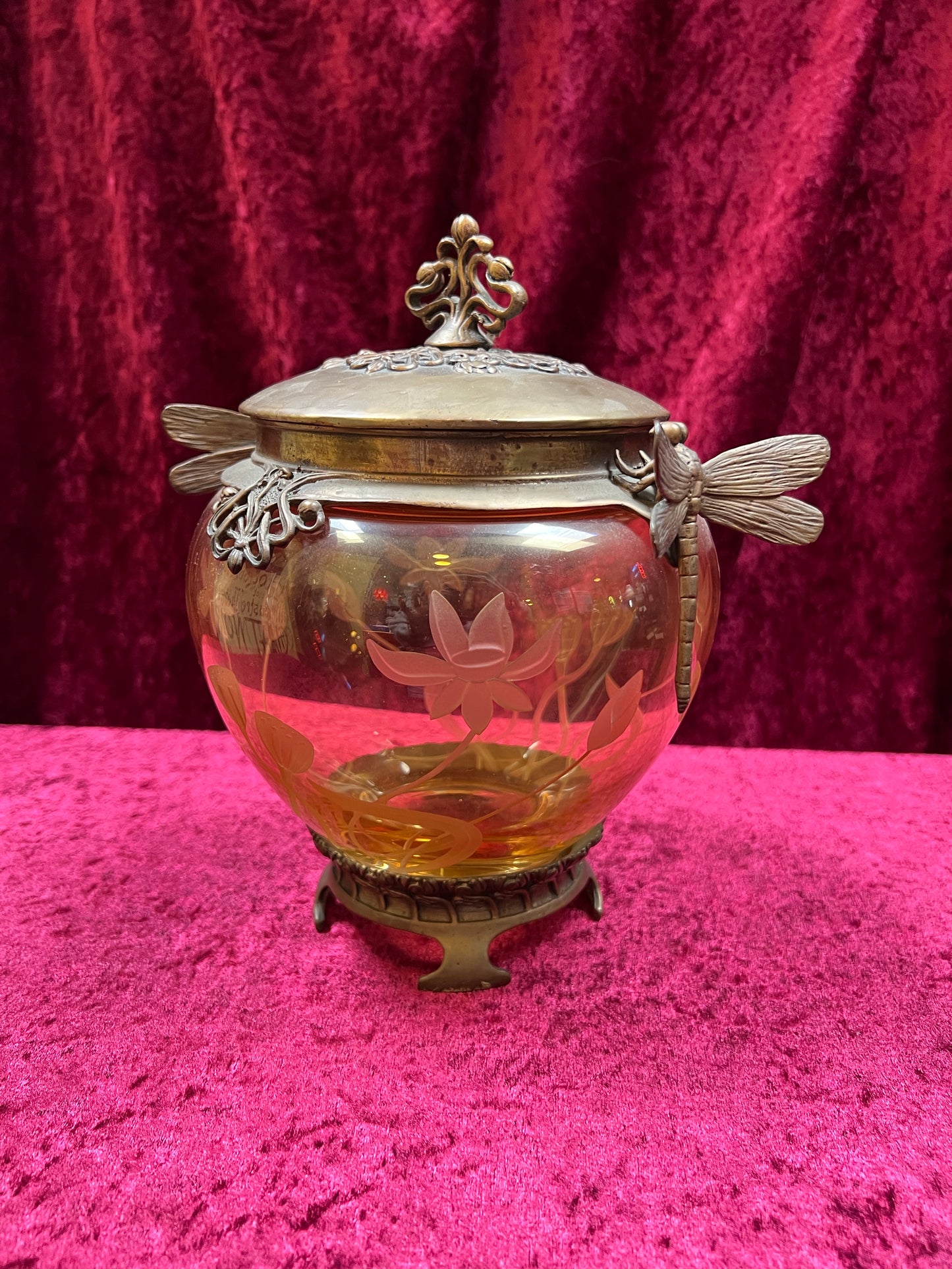 Vintage Oddities - Antique Art Nouveau Opium Jar - Etched Amber Glass - Castilian Poland