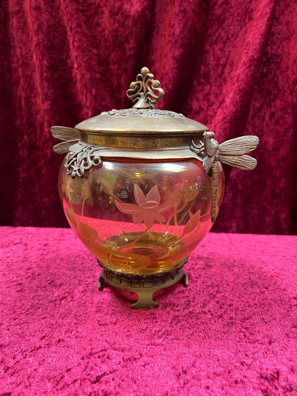 Vintage Oddities - Antique Art Nouveau Opium Jar - Etched Amber Glass - Castilian Poland