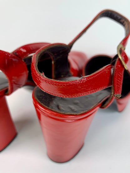 Vintage Shoes - Patent Leather Peep Toe Platform Heels - Cherry Red - 7 1/2