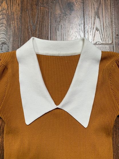 Vintage Style Clothing - Collared Knit Crop Top - Mustard Yellow - Roselili - Small