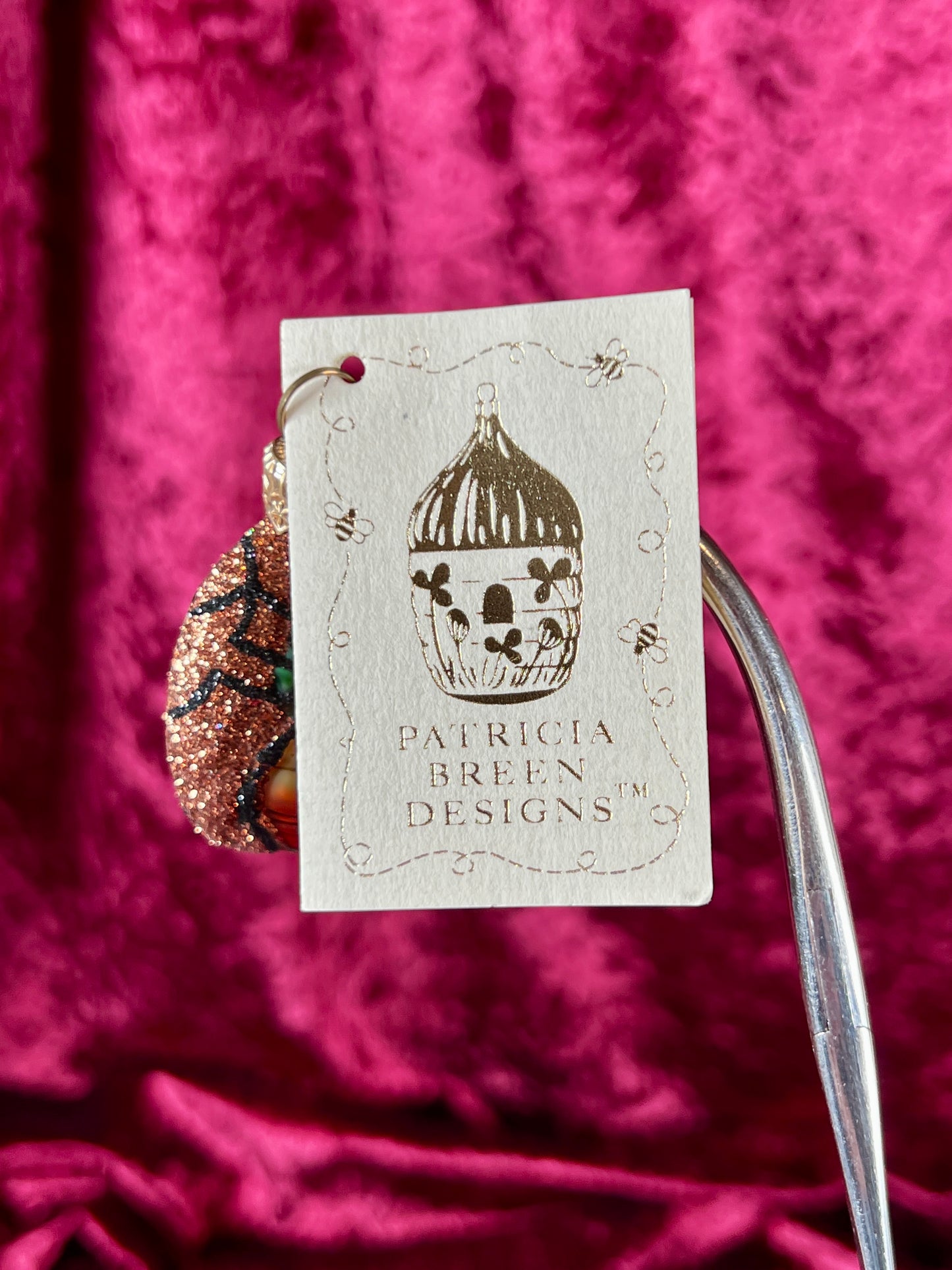 Vintage Christmas - Handblown Glass Ornament - Flying Insect - Green / Yellow on Orange Glitter - Patricia Breen