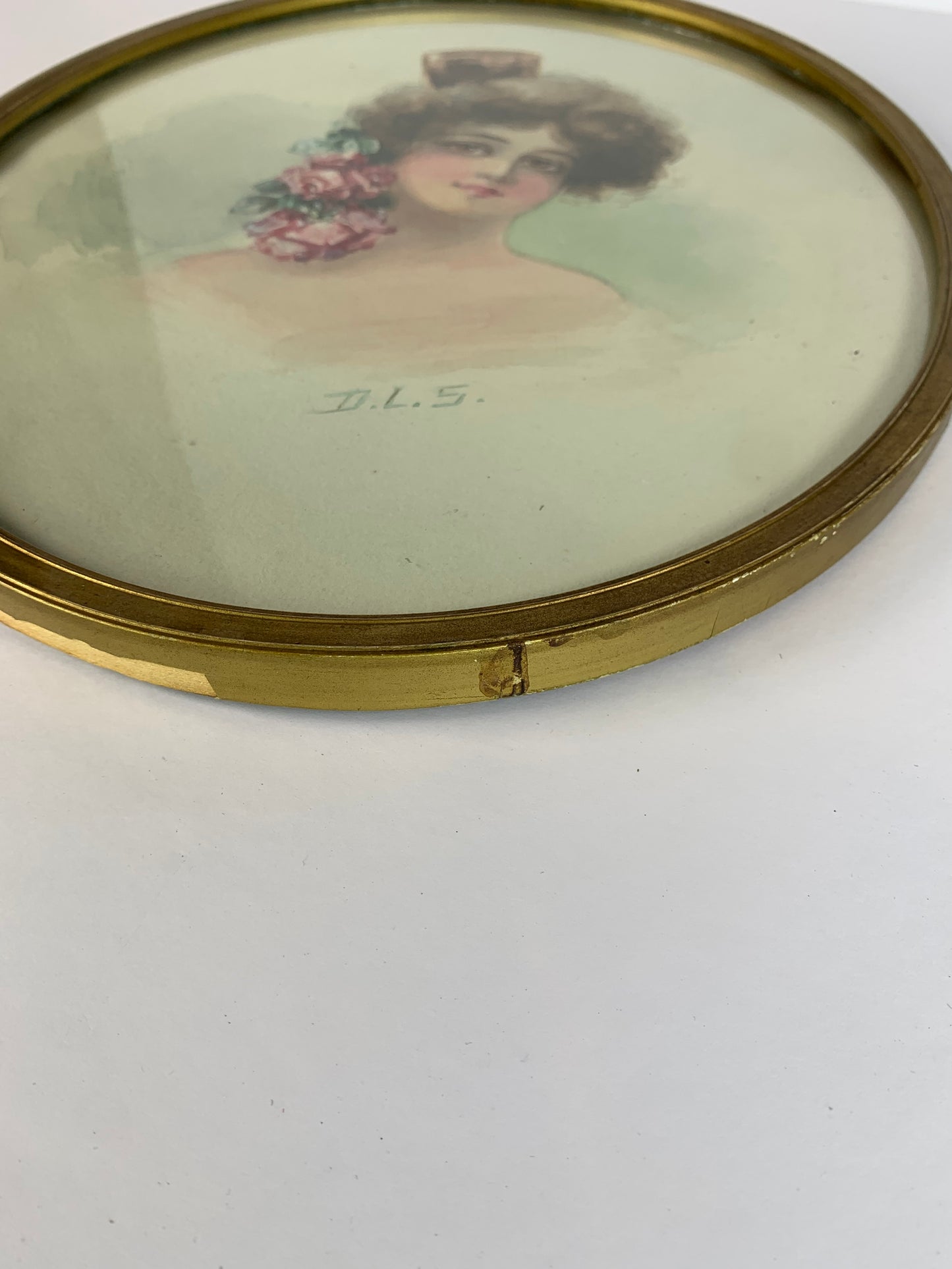 Antique Framed Watercolor - Edwardian Fisher Girl with Roses - Gold Oval Wood Frame