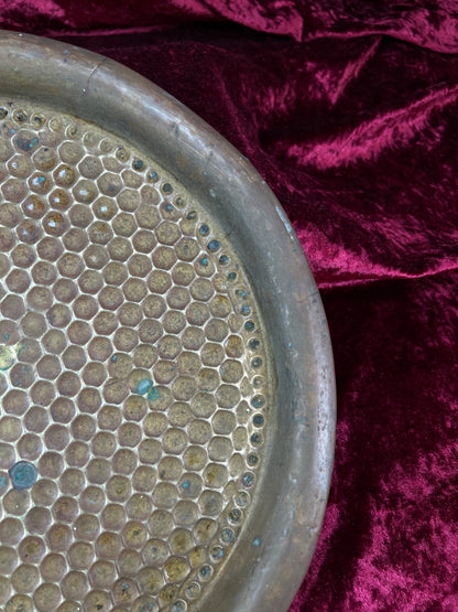 Vintage Brass Tray - Hammered Honeycomb Pattern Round Serving Platter
