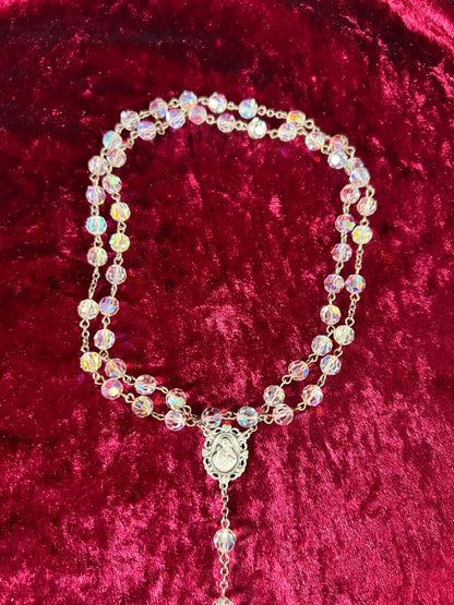 Vintage Jewelry - Italian Rosary - Sterling Silver - Aurora Borealis Faceted Beads - 20.25”
