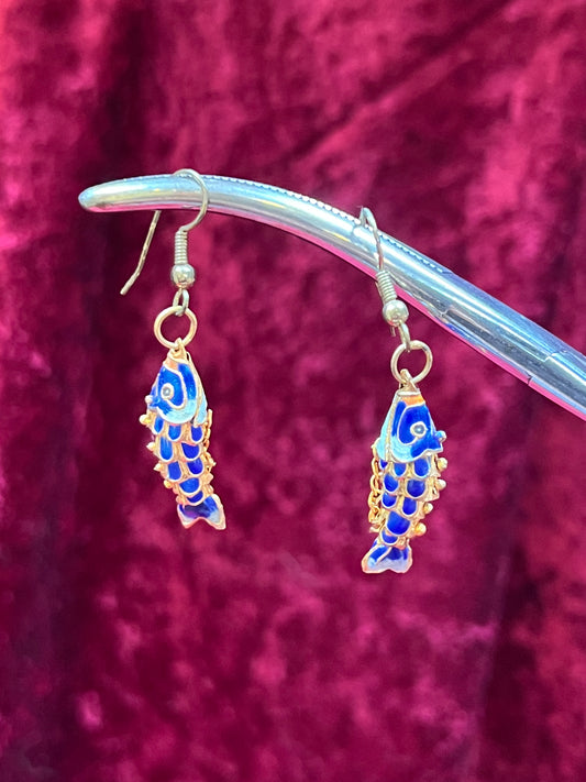 Vintage Jewelry - Drop Earrings - Gold Tone Metal - Articulated Enamel Koi Fish