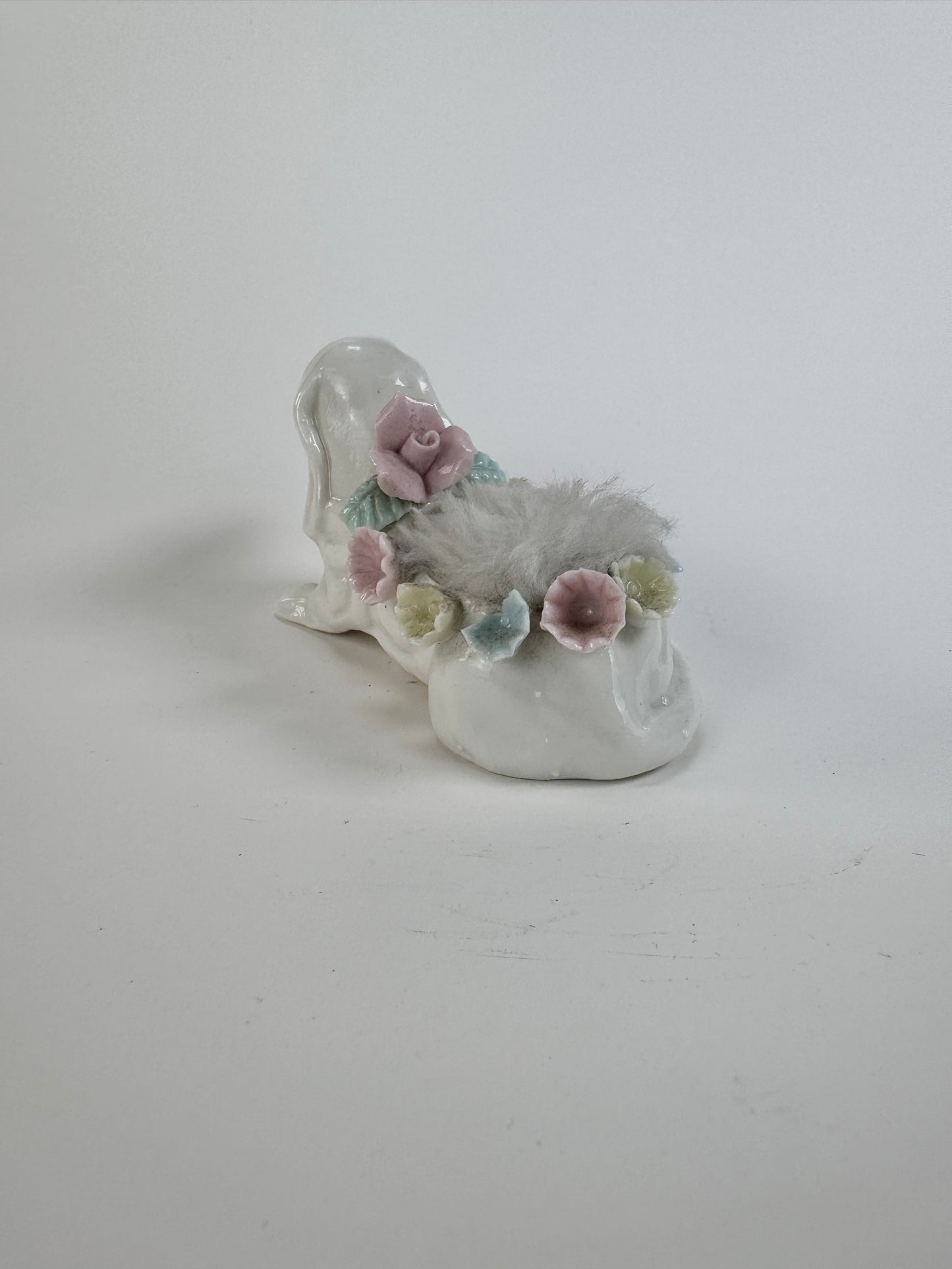 Vintage White Dachshund Dog Porcelain Pin Cushion - Blue Yellow Pink Flowers