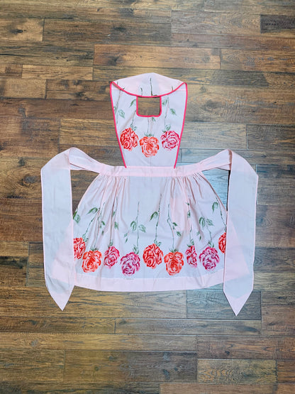 Vintage Pinafore Apron - Pink with Red Roses