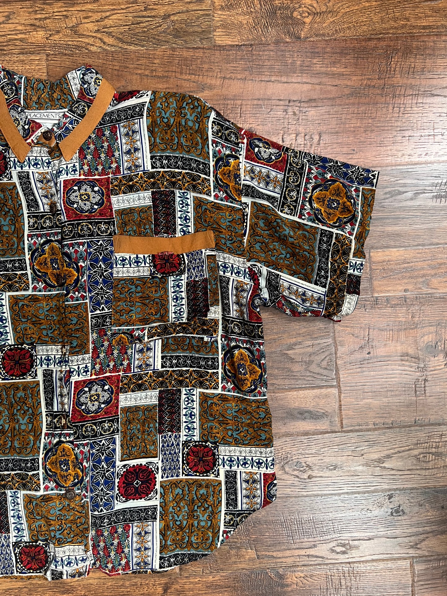 Vintage Clothing - Collared Button Up Short Sleeve Shirt - Mosaic Tiles Print - X-Large - Placements
