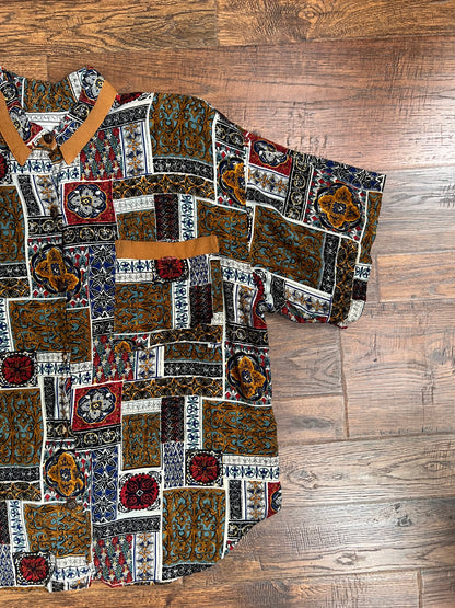 Vintage Clothing - Collared Button Up Short Sleeve Shirt - Mosaic Tiles Print - X-Large - Placements