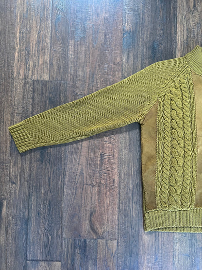 Vintage Clothing - Cable Knit Sweater - Mock Turtleneck - Suede Detail - Pea Soup Green - Small