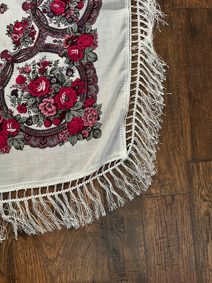 Vintage Kashmir Woole Floral Fringe Scarf - White Rose Square Wrap Bohemian Style