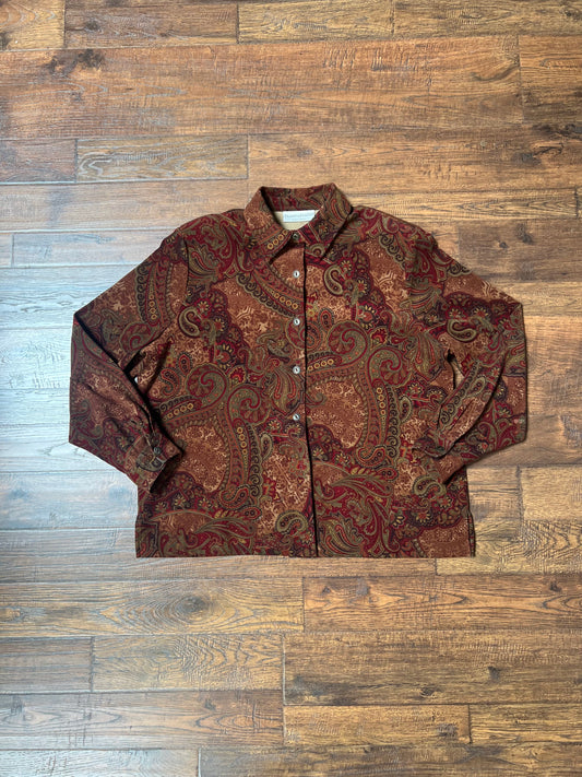 Vintage Clothing - Long Sleeve Button Up Shirt - Dark Orange Paisley - Draper’s & Damon’s Petites - X-Large