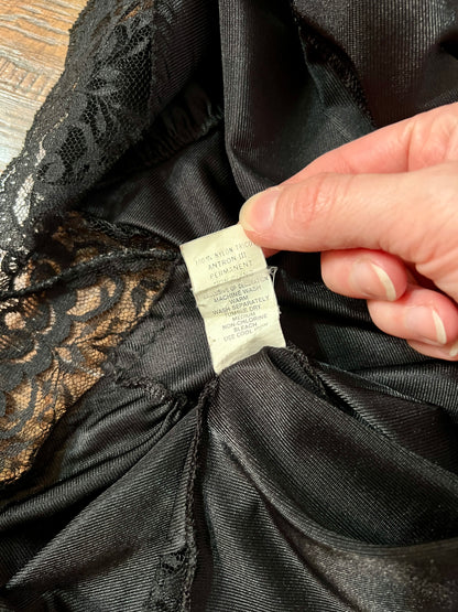 Vintage Nylon Spaghetti Strap Slip Dress - Black Lace Trim Nightgown