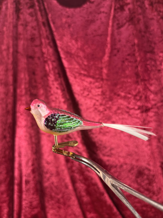 Vintage Christmas - Handblown Glass Clip On Ornament - Pink and Green Bird with Nylon Hair Tail