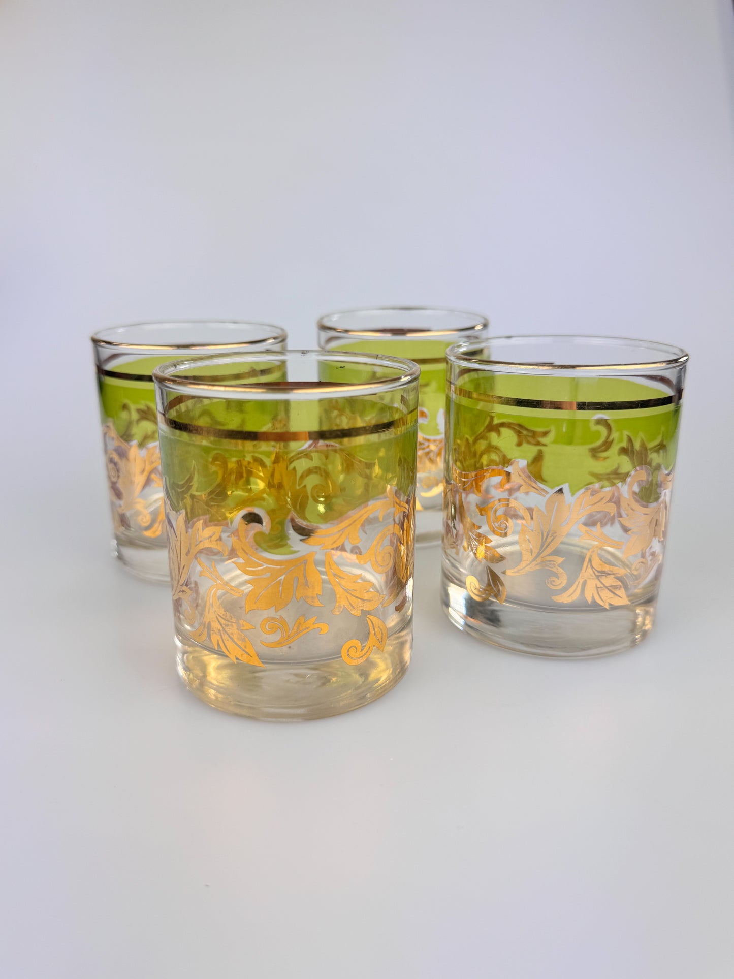 Vintage Libbey Glass Company Lowball Glasses - Green & Gold Filigree - Set of 4