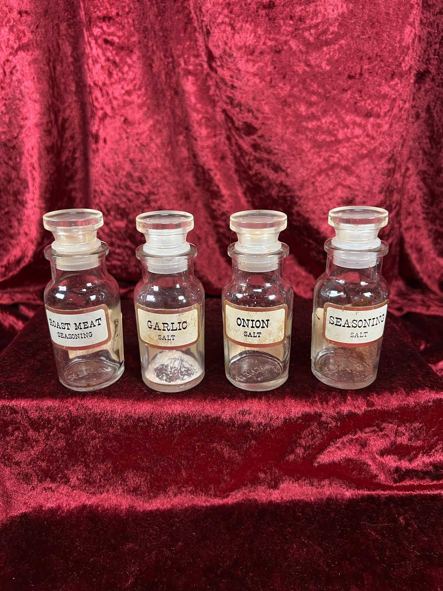 Vintage Glass Apothecary Style Spice Jar Set with Original Labels - Kitchen Collection Set