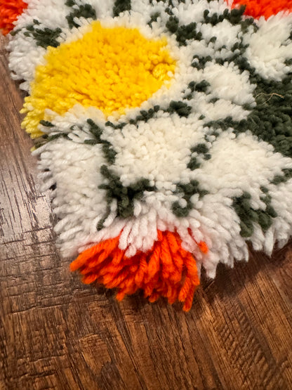 Vintage 1970s Groovy Floral Daisy Latch Hook Shag Rug Art