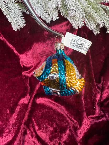 Vintage Christmas - Handblown Glass Ornament - Blue-Yellow Exotic Fish - Department 56