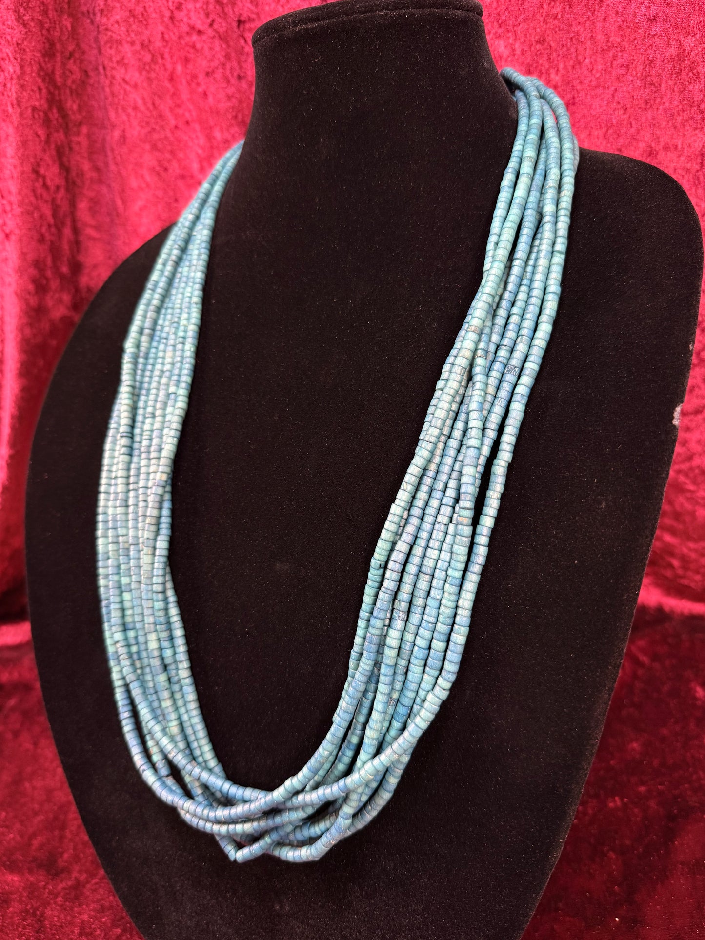 Vintage Puka Shell Necklace – Eight Strand Turquoise Tone Layered Collar