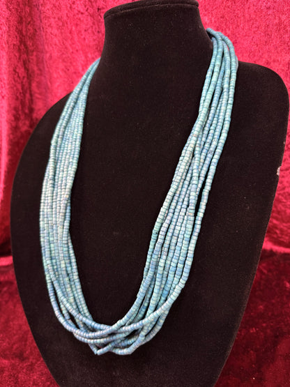 Vintage Puka Shell Necklace – Eight Strand Turquoise Tone Layered Collar