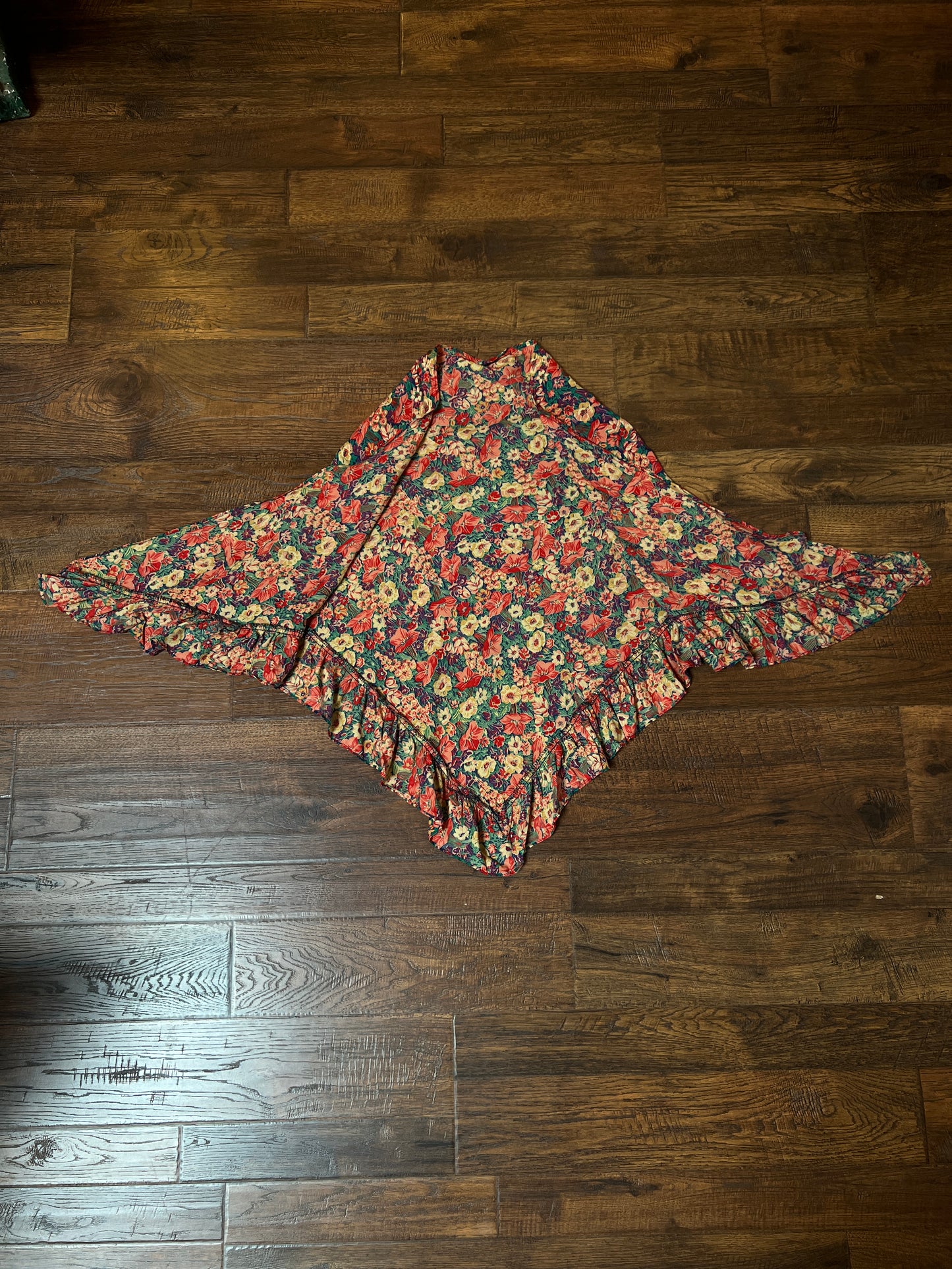 Vintage Cotton Shawl - Autumn Floral Print Ruffle Trim Handmade Wrap