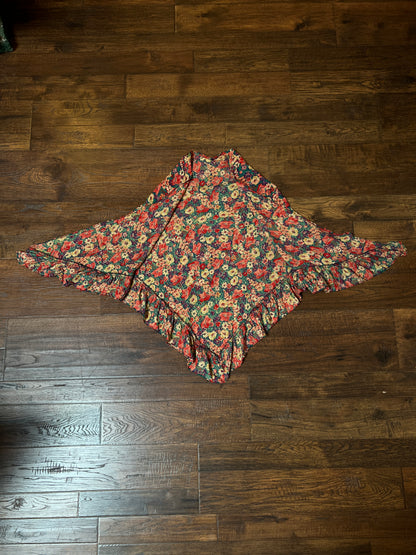 Vintage Cotton Shawl - Autumn Floral Print Ruffle Trim Handmade Wrap