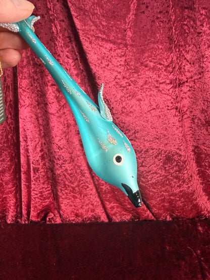 Vintage Christmas - Handblown Glass Ornament - Blue Dolphin with Silver Glitter - Whitehurst Imports