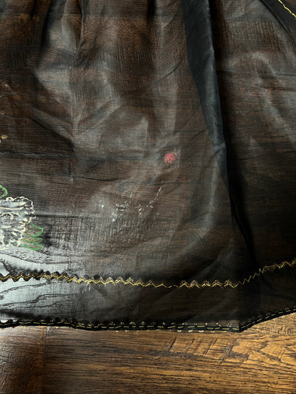 Vintage Mid Century Sheer Black Half Apron — Hand Painted Martini Cigarette with Gold Trim